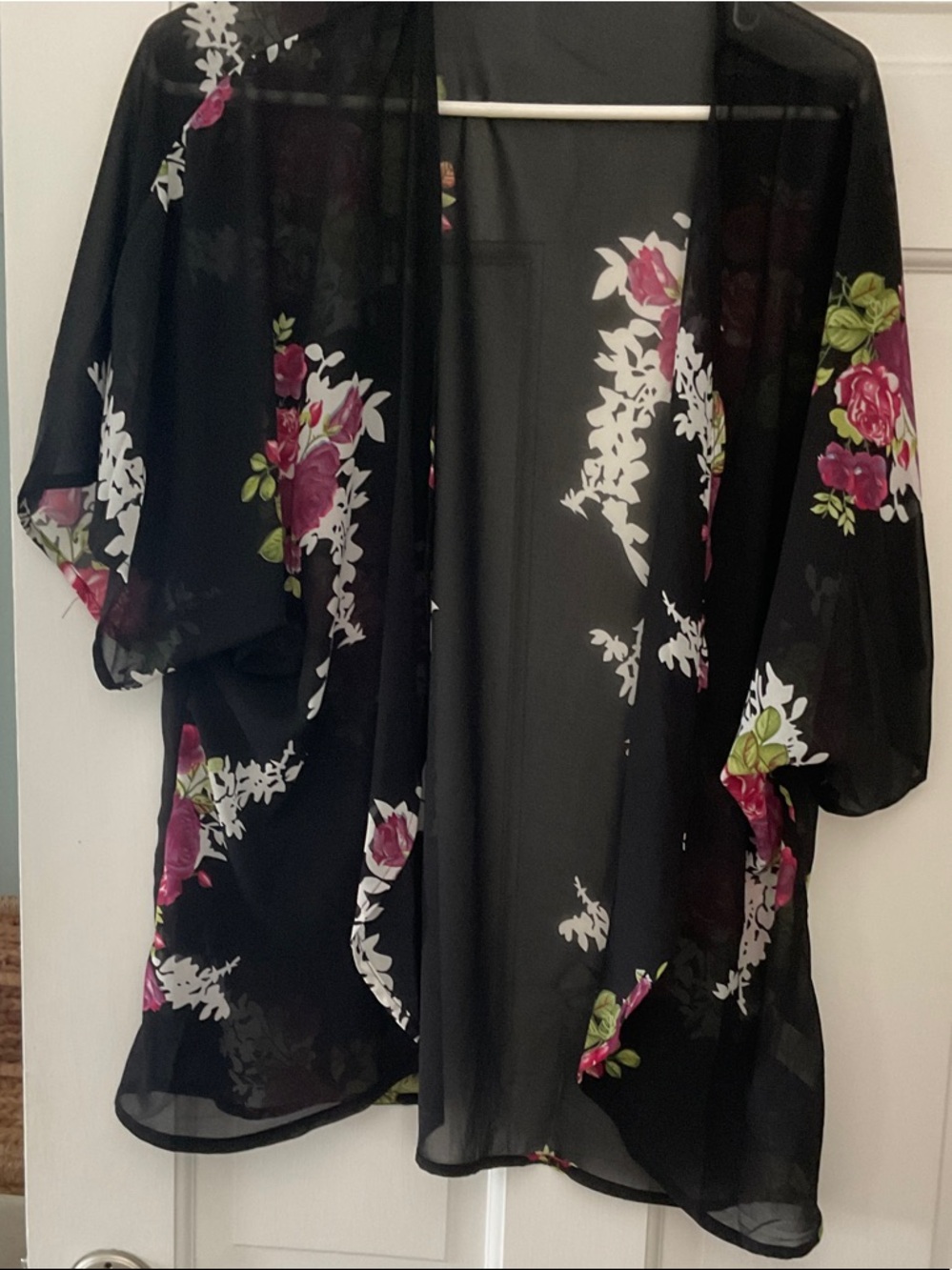 Black Floral Sheer Kimono with Pink Roses